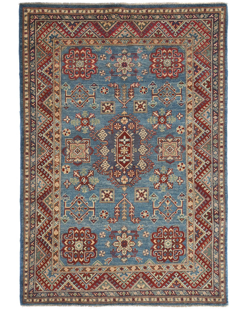 4x6 Blue Kuba Afghan Hand Knotted Wool Area Rug
